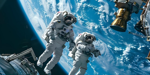 Squadra di astronauti in tuta spaziale a bordo della stazione orbitale sfondo Ai Generato