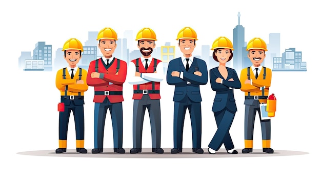 Squadra di costruttori in stile piatto Personaggi di lavoratori industriali in illustrazione vettoriale uniforme