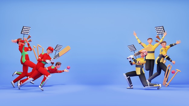 Squadra di cricket di partecipazione 3D di Oman VS Papua Nuova Guinea con attrezzature da torneo e spazio di copia su sfondo blu.