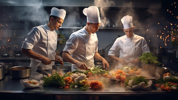 squadra di cuochi che preparano piatti in cucina