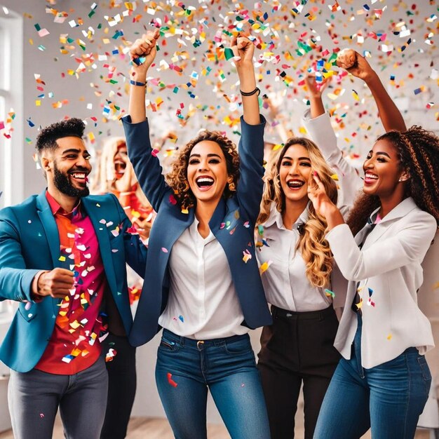 squadra di dipendenti felici e diversificati che festeggiano il successo del business tra i confetti