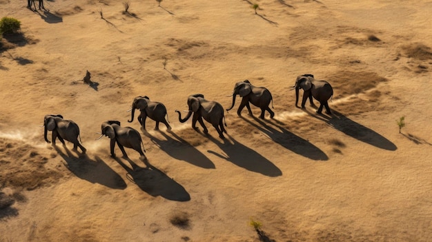 squadra di elefanti che corrono nella prateria africana