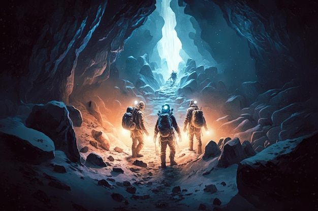 Squadra di esploratori nelle caverne ghiacciate illuminate dai fari delle squadre creati con l'a