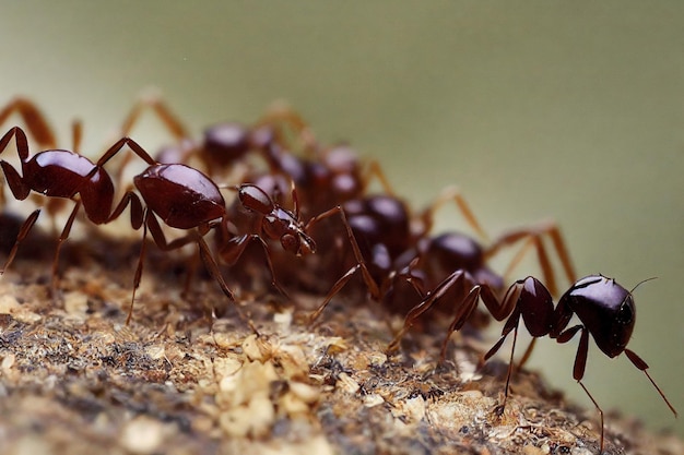 Squadra di formiche marroni nere si impegnano nel lavoro di squadra sull'albero