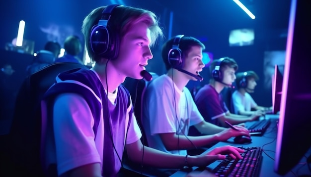 Squadra di giocatori adolescenti gioca nei videogiochi per PC multiplayer