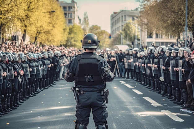 Squadra di polizia che indossa l'uniforme sulla strada della città IA generativa