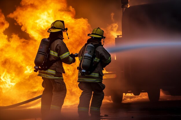 Squadra di vigili del fuoco che spegne l'incendio con acqua ad alta pressione all'aperto IA generativa