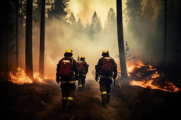 Squadra di vigili del fuoco coraggiosi mentre spengono una foresta