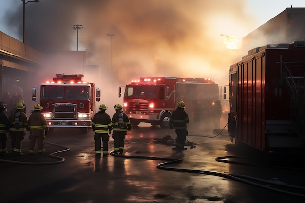 Squadra di vigili del fuoco su camion dei vigili del incendio che arrivano per una chiamata di emergenza Vigili del fuoco eroici con attrezzature pronte per accendere il fuoco AI generativa