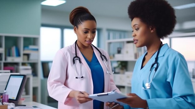 squadra medica afroamericana che analizza i moduli di rapporto con il supporto dell'assicurazione del paziente sulle carte infermiera