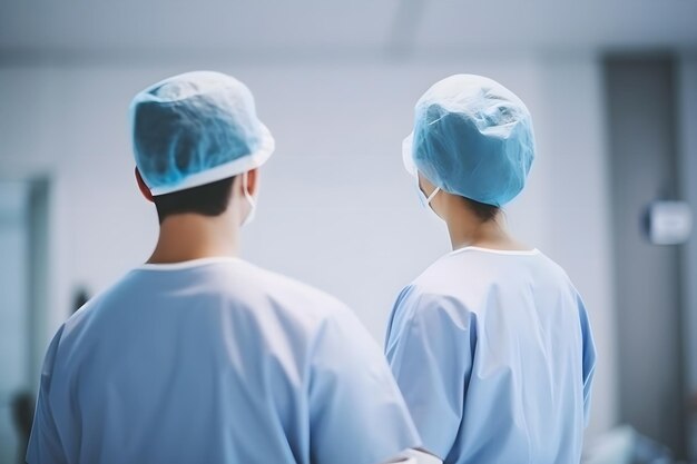 Squadra medica che esegue un'operazione chirurgica in una moderna sala operatoria Generata da una rete neurale di IA