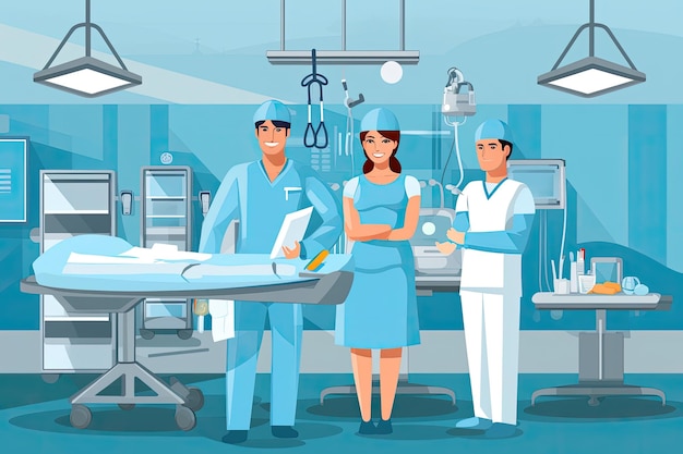 Squadra medica in sala operatoria Illustrazione vettoriale in stile piatto Dottore medico Chirurgo e anestesista della squadra di pronto soccorso sullo sfondo della sala clinica AI Generato