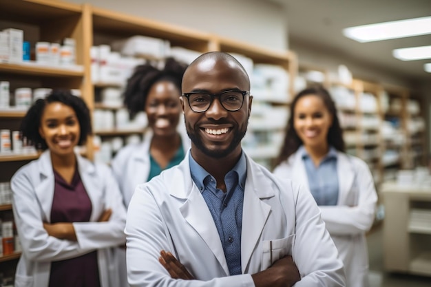 Squadra sorridente di farmacisti in posa insieme in farmacia per la polizia Ritratto AI