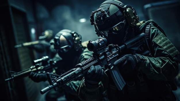 Squadre delle forze speciali dell'esercito in luoghi di alta sicurezza che usano occhiali da visione notturna e armi da fuoco