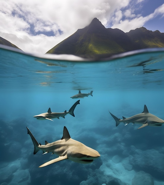 Squali che nuotano nell'oceano blu generati dall'AI