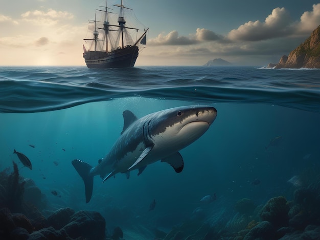 squalo con nave pirata sullo sfondo