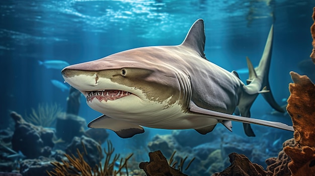 Squalo oceanico sott'acqua Aprire la bocca pericolosa e dentata con molti denti Immagine generata dall'intelligenza artificiale