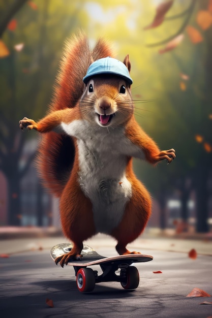 Squirrel cavalca uno skateboard su una strada della città Personaggio animale antropomorfo Squirrel skateboarder