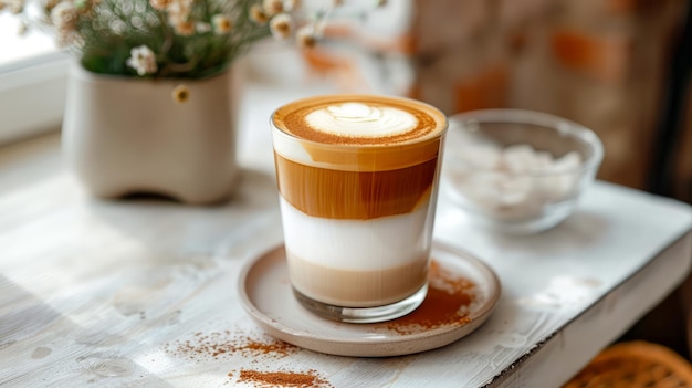 Squisita arte del latte su cappuccino in un cristallo trasparente caldo luce naturale ambientazione di caffetteria