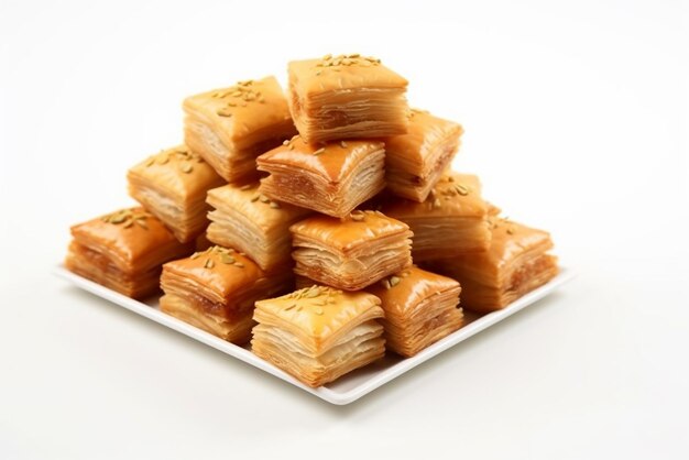 Squisita Baklava famosa in Medio Oriente su uno sfondo bianco puro creato con AI generativa per