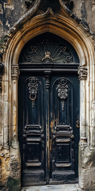 Squisita porta storica Antica porta in legno con sculture ornate e decorazioni in ferro