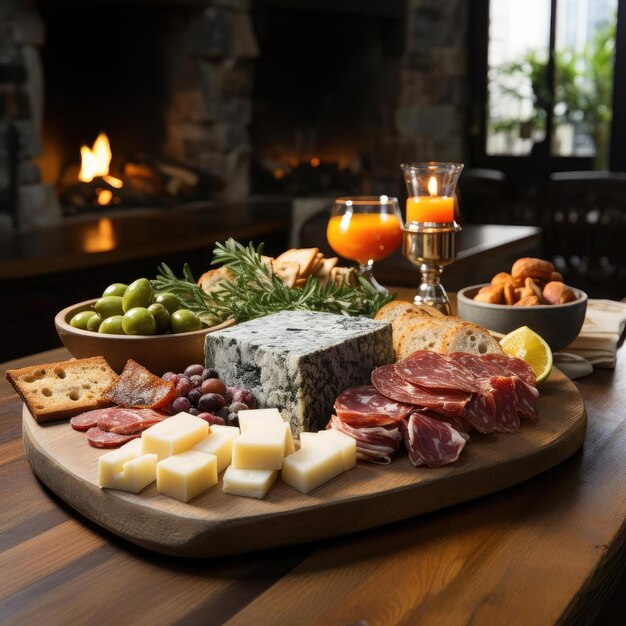 Squisita tavola di legno con una varietà di antipasti