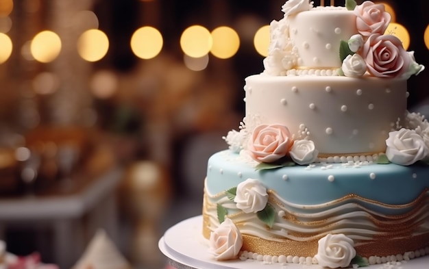 Squisita torta nuziale con delicate decorazioni di rose Eleganza e arte culinaria Generative AI