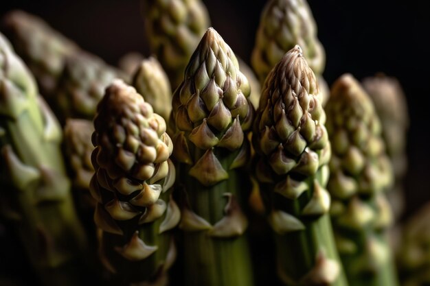 Squisite punte di asparagi macro crudi che rivelano dettagli intricati e vivaci tonalità verdi