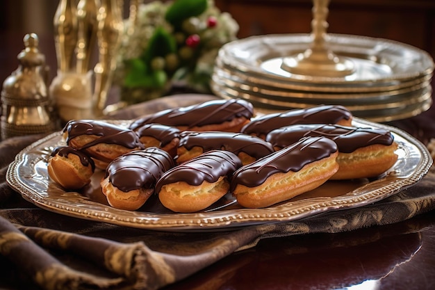 Squisiti eclair di cioccolato disposti su un tavolo da dessert