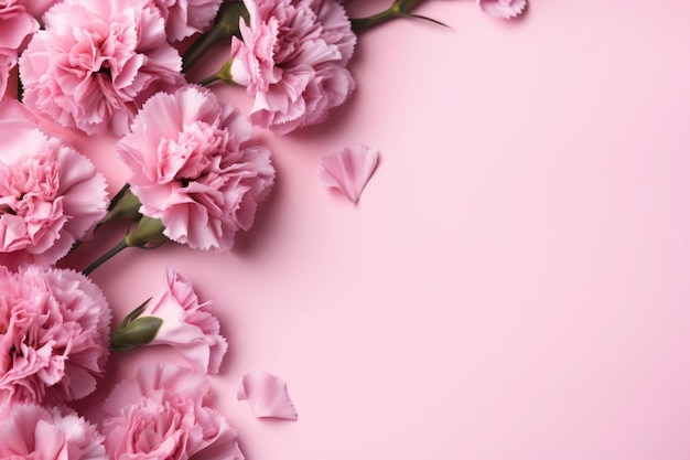 Squisiti garofani rosa su uno sfondo rosa pastello che cattura un'essenza femminile serena perfetta per la primavera.