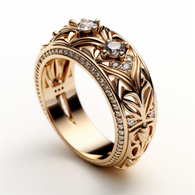 Squisito anello di diamante d'oro con motivi floreali illustrazioni dettagliate di tracciamento di Vray