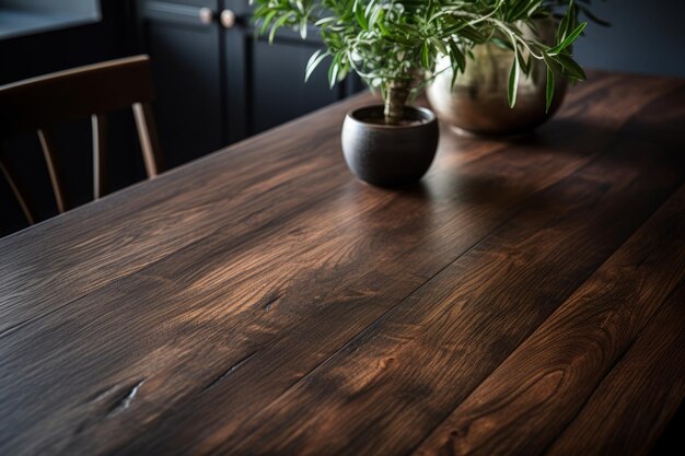 Squisito tavolo da cucina in legno scuro catturato in primo piano con l'esclusivo poster AR 32