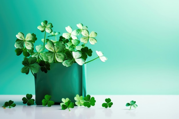 St Patrick's Day sfondo verde astratto decorato con foglie di ciambella in sacchetto di carta con spazio di copia.