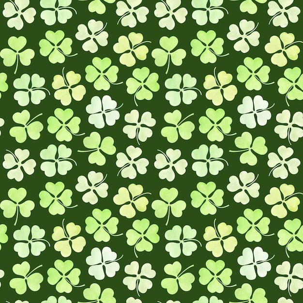 St Patricks day watercolor hand drawn seamless pattern with clovers on dark green background Shamrock endless backdrop for irish holiday Good luck you are lucky four leaf clover three leaf