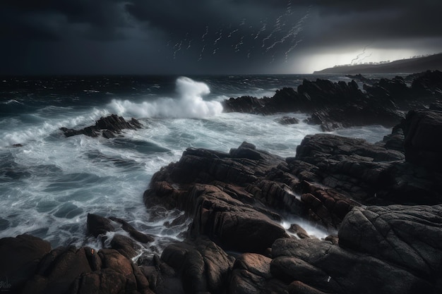 Sta arrivando una tempesta sugli scogli e le onde si infrangono sulla riva.