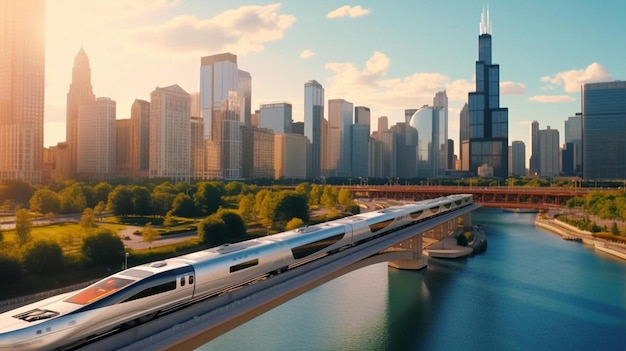 stabilendo riprese aeree del treno del centro di Chicago sopra l'acqua del lago durante il tramonto