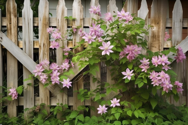 Staccionata in legno con rampicanti e fiori che sbocciano