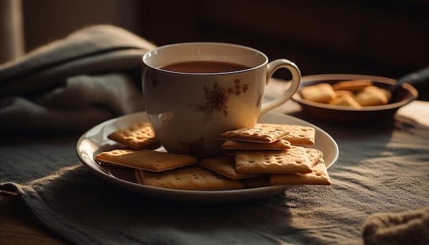 Stack di biscotti fatti in casa su un tavolo rustico con rinfresco di caffè caldo generato dall'AI