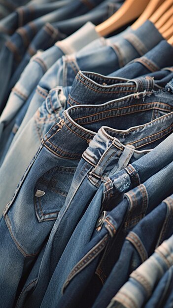 Stack di jeans in denim esposto su un tavolo di legno in un negozio Vertical Mobile Wallpaper