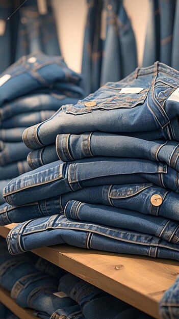 Stack di jeans in denim esposto su un tavolo di legno in un negozio Vertical Mobile Wallpaper