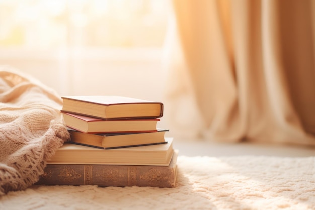 Stack di libri nel soggiorno soleggiato Scena di lettura accogliente per il tempo freddo AI generativa