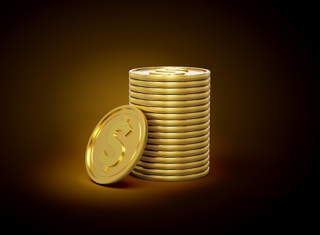 Stack di monete dorate luccicanti di dollari statunitensi su uno sfondo luccicante d'oro Illustrazione 3D