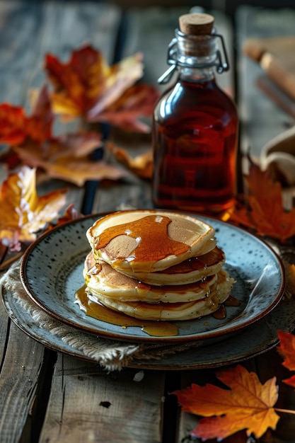 Stack di pancake sul piatto blu con sciroppo d'acero nella bottiglia e foglie d'acero decorazione