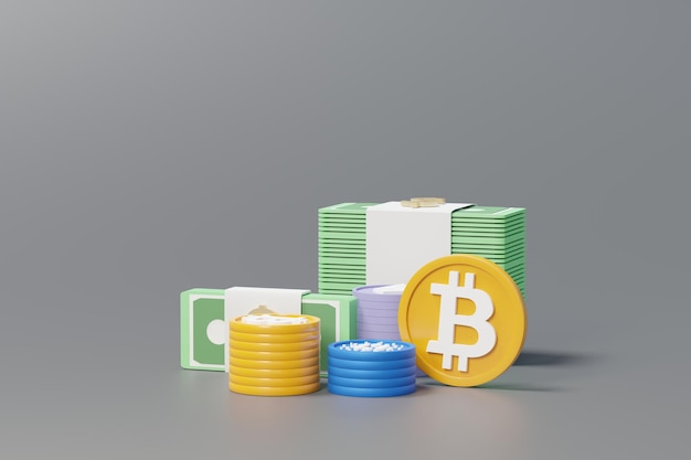 Stack di rendering 3d di criptovaluta Bitcoin, denaro e altre criptovalute. Concetto di valuta digitale di criptovaluta. Nuovo scambio di denaro virtuale in blockchain.