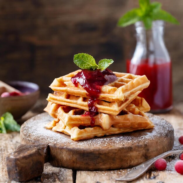 Stack di waffle rustiche con dolce salsa di bacche fatta in casa