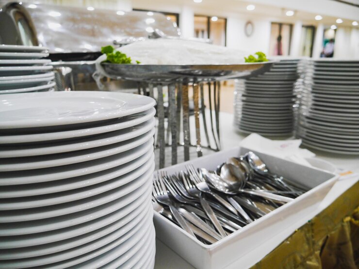 Photo stack of plates by eating utensils on table