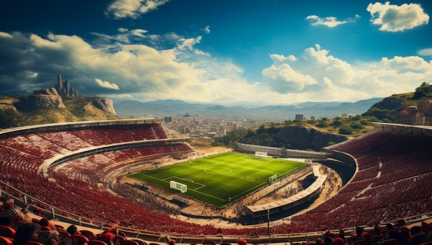 Stadio aperto pieno di spettatori Gli appassionati di calcio guardano la partita di giorno Cityscape sullo sfondo AI generativa