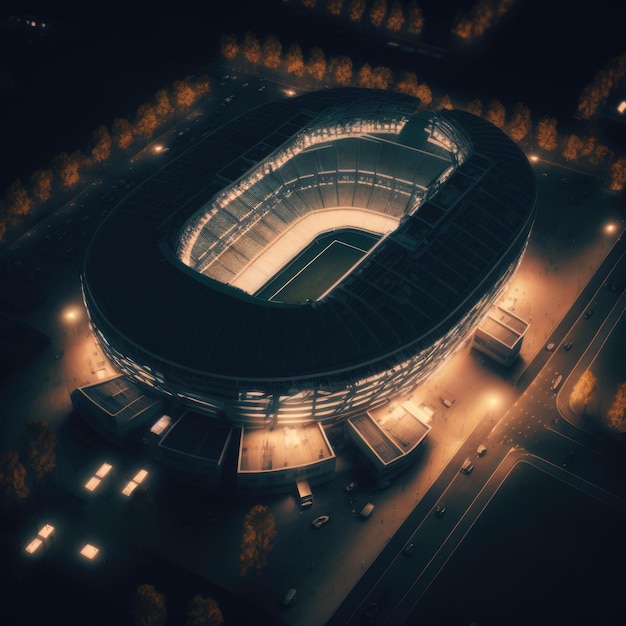 Stadio di calcio con alberi di luci e auto su strada creato utilizzando la tecnologia generativa ai