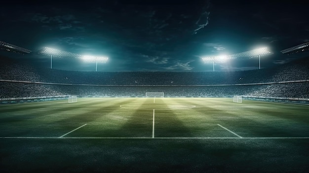 Stadio di calcio con campo e luci al buio