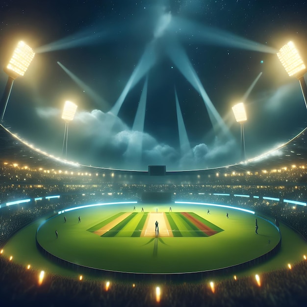Stadio di calcio con luci e tifosi di notte 3D Rendering generativo da AI